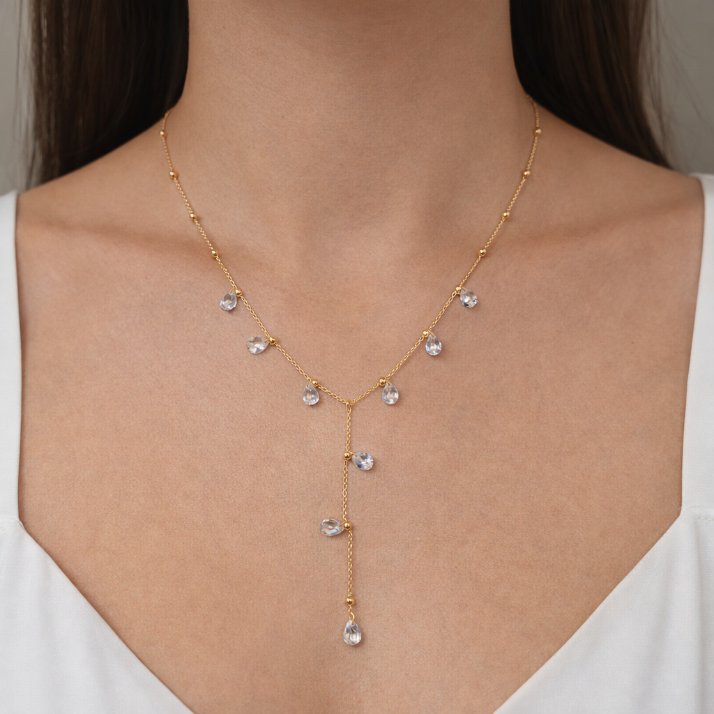 Colar Cristais Drop Dourado